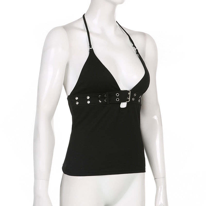 Black Belt Bandage V Neck Backless Halter Top