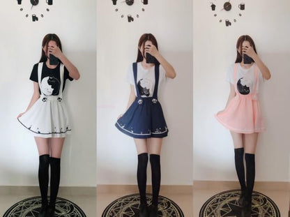 Cute Cartoon Sweet Cat Dog Paw Embroidery Skater Skirt Strap Suspenders Mini Skirt E-Girl Kawaii Korean Japanese Harajuku Streetwear