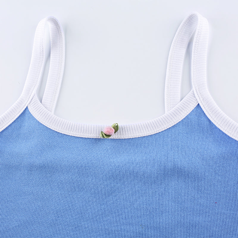 Cute Sexy Flower Rose Color Contrast Crop Top Camisole Shirt Tee T-shirt E-Girl Kawaii Korean Japanese Harajuku Chinese Retro Streetwear Aesthetic