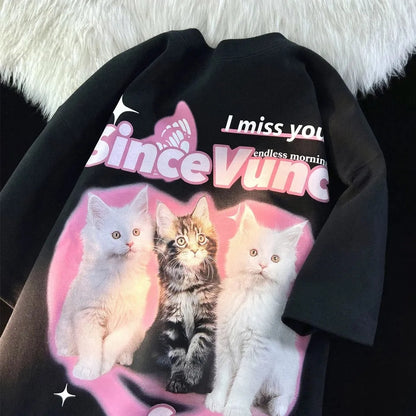 Retro Cat Print Short Sleeve T-shirt