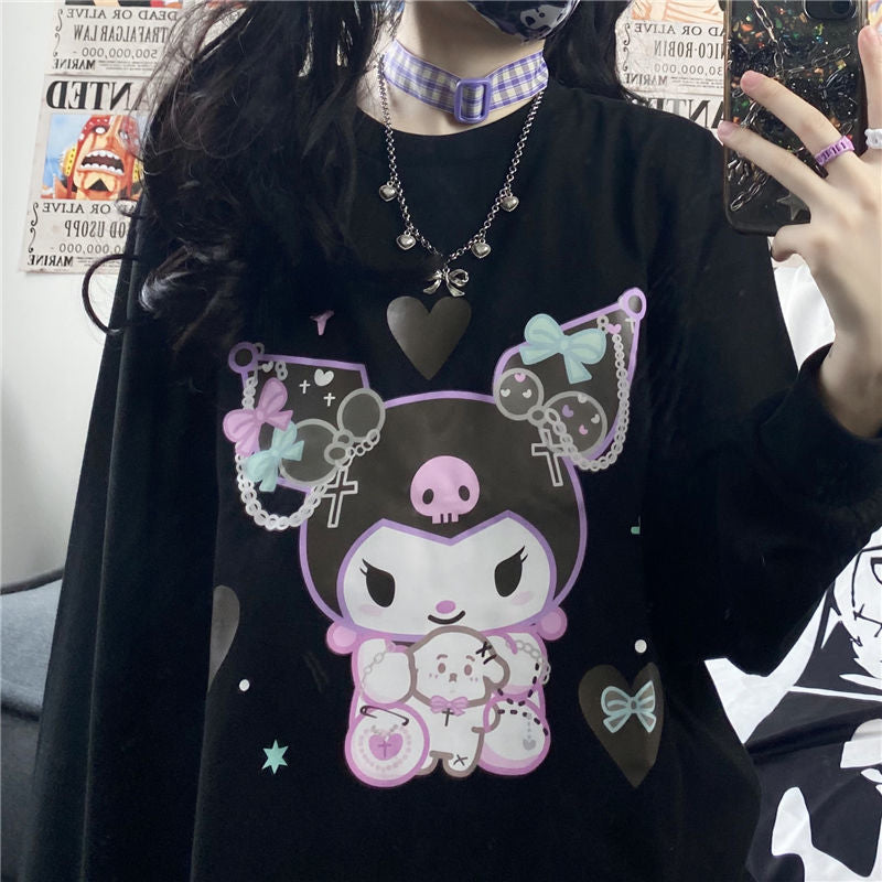 Cute Black Japanese Anime Cartoon Print Loose Oversize Long Sleeve T-shirt