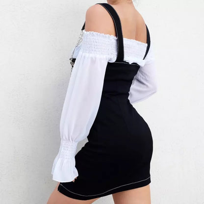 Sexy Black Casual Chain Metal Sling Belt Zipper Short Mini Dress Punk Goth E-Girl Kawaii Korean Japanese Harajuku Streetwear