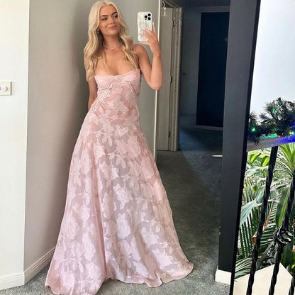Pink Floral Patchwork Spaghetti Strap Maxi Dress