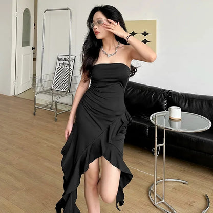 Black Irregular Backless Off Shoulder Dress