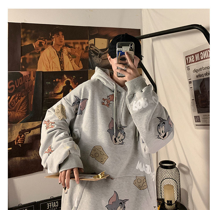 Cute Funny Cat Mouse Print Cartoon Oversized Loose Hoodie Sweatshirt Pullover Sweater Casual E-Girl Kawaii Korean Japanese Harajuku Streetwear