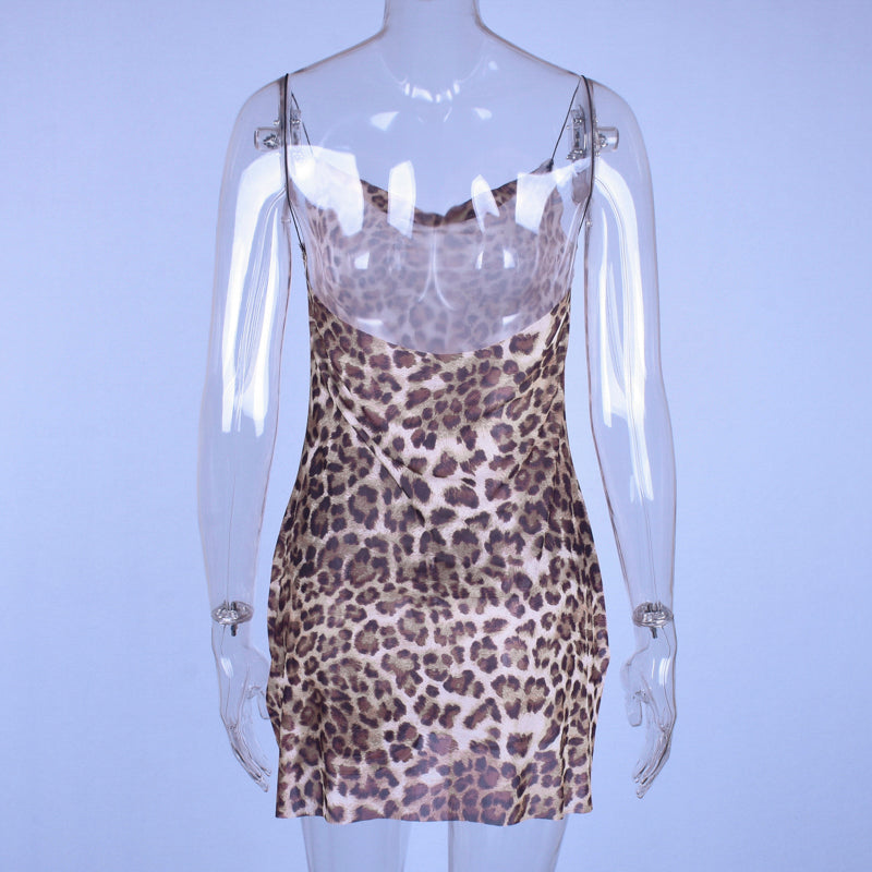 Leopard Print Spaghetti Strap Slit Mesh Mini Dress Summee Party Club E-Girl Kawaii Korean Japanese Harajuku Streetwear