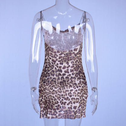 Leopard Print Spaghetti Strap Slit Mesh Mini Dress Summee Party Club E-Girl Kawaii Korean Japanese Harajuku Streetwear