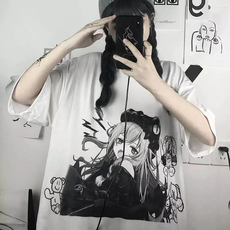 Cute White Anime Girl Graphic Print Loose Short Sleeve Shirt Goth Punk Aesthetic Casual E-Girl Kawaii Korean Japanese Harajuku
