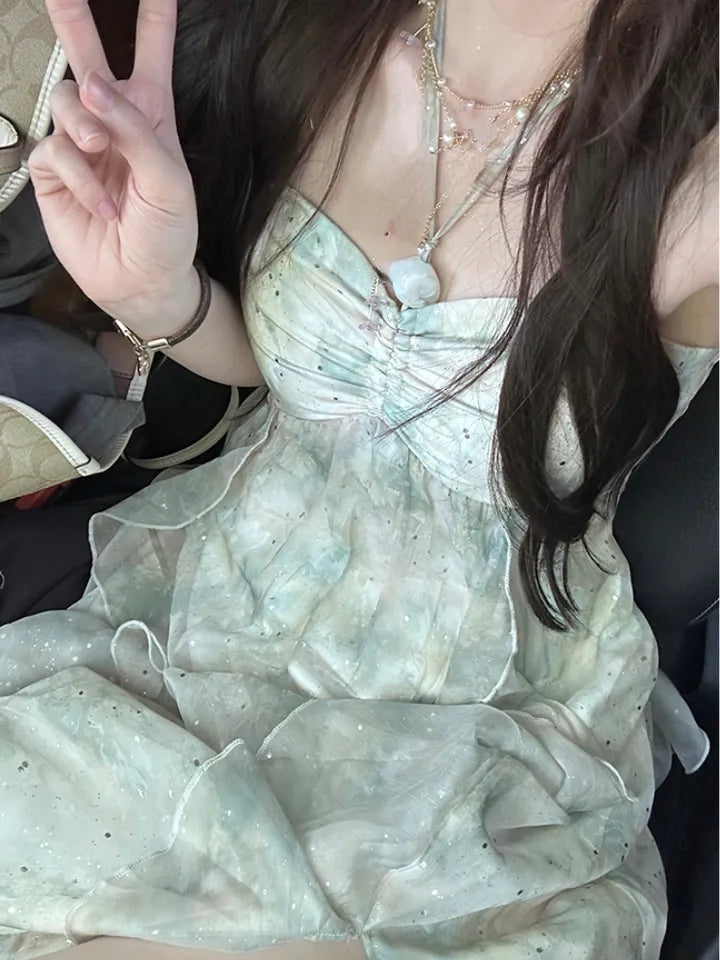 Green Chiffon French Beach Midi Dress