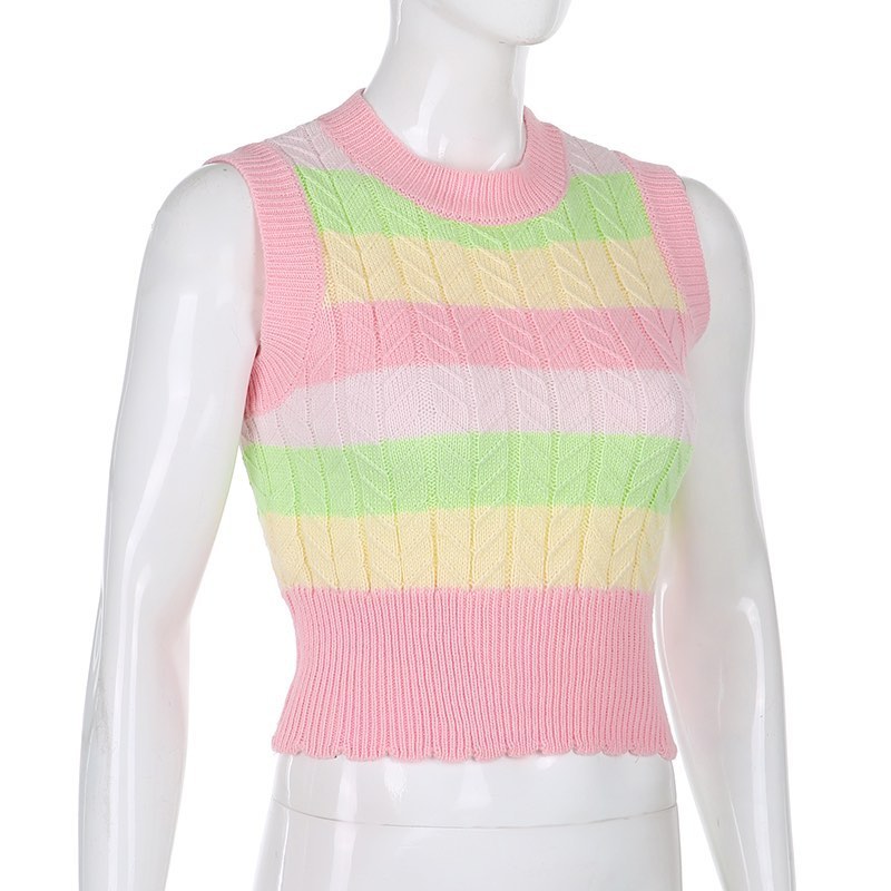 Cute Pink Rainbow Stripe Tie Dye Sleeveless V Neck Knit Vest Sweater Top Pullover Autumn Aesthetic E-Girl Kawaii Korean Japanese Harajuku Streetwear