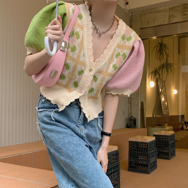 Pastel Flower Patchwork Knit Puff Sleeve Blouse