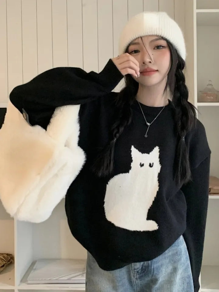 Black Cat Print Long Sleeve Sweater