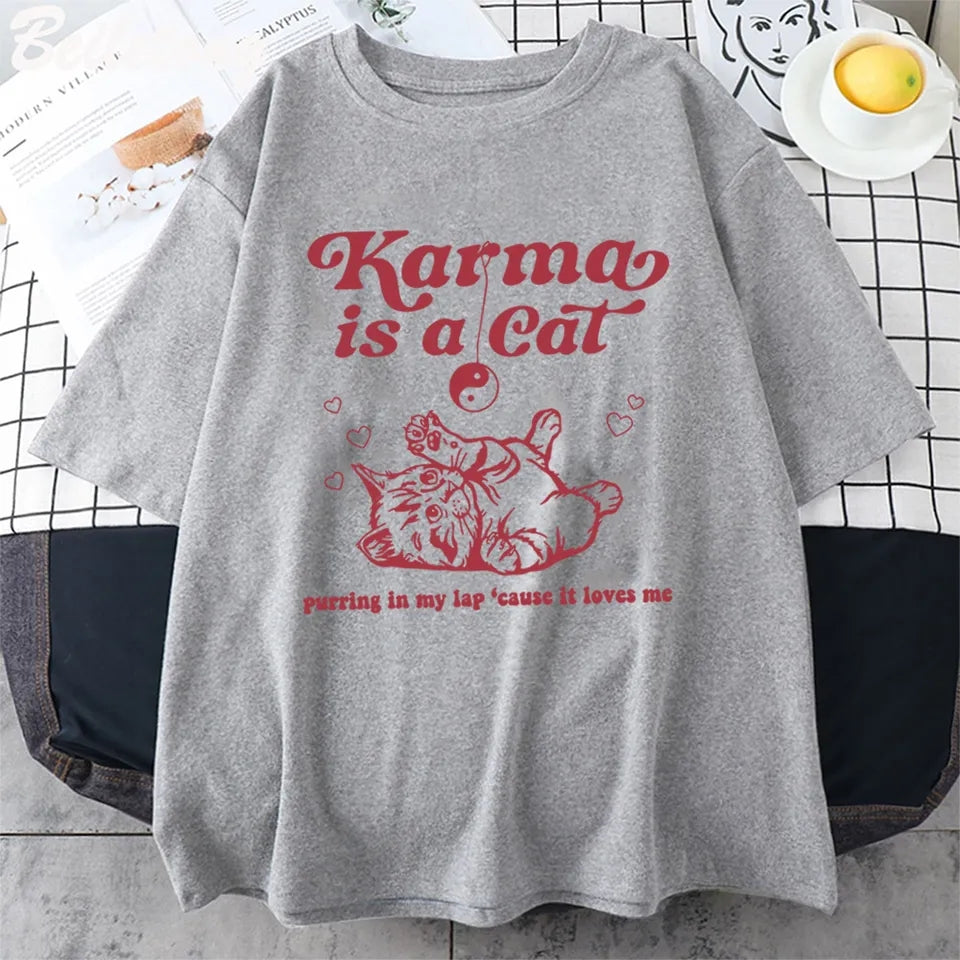 Karma Cat Print Short Sleeve T-shirt