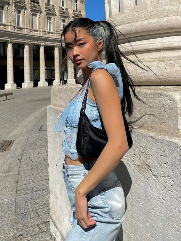 Blue Lace Bandage Crop Top