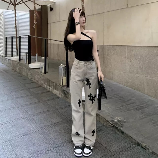 Cute Cross Jean High Waist Straight Baggy Pants Denim Trousers Summer Aesthetic Casual E-Girl Kawaii Korean Japanese Harajuku