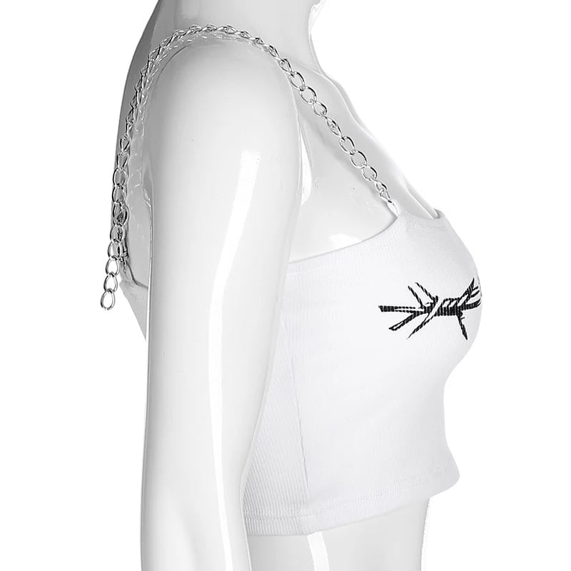 Sexy Barb Wire Print Sleeveless Shirt Crop Top Tank Camisole Metal Chain Strap Casual Punk Summer E-Girl Kawaii Korean Japanese Harajuku Streetwear