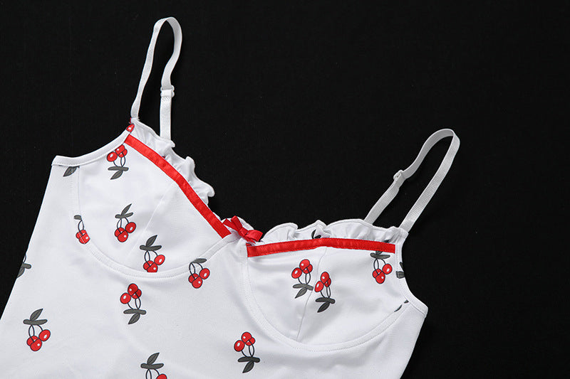 Cute Sweet Sexy Cherry Ruffle Bodysuit Top Tees Tshirts E-Girl Kawaii Korean Japanese Harajuku Chinese Retro Streetwear Aesthetic