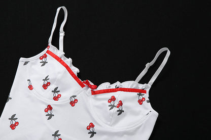 Cute Sweet Sexy Cherry Ruffle Bodysuit Top Tees Tshirts E-Girl Kawaii Korean Japanese Harajuku Chinese Retro Streetwear Aesthetic