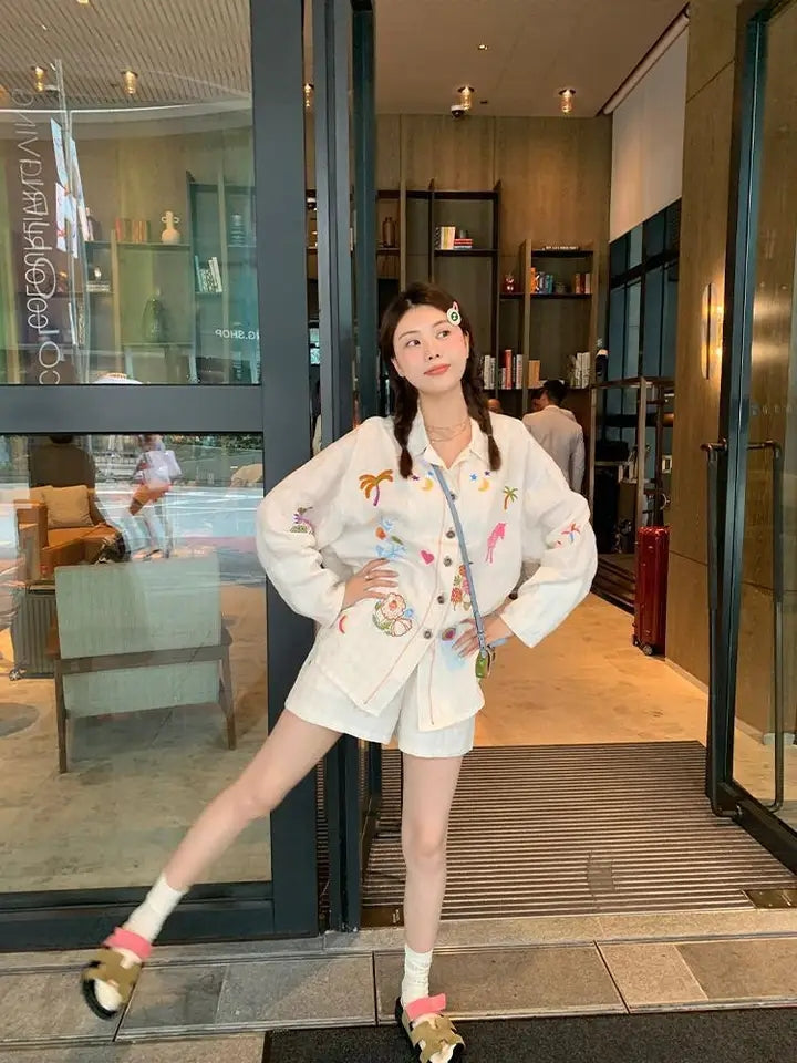 Sweet Embroidery Stripe Long Sleeve Blouse