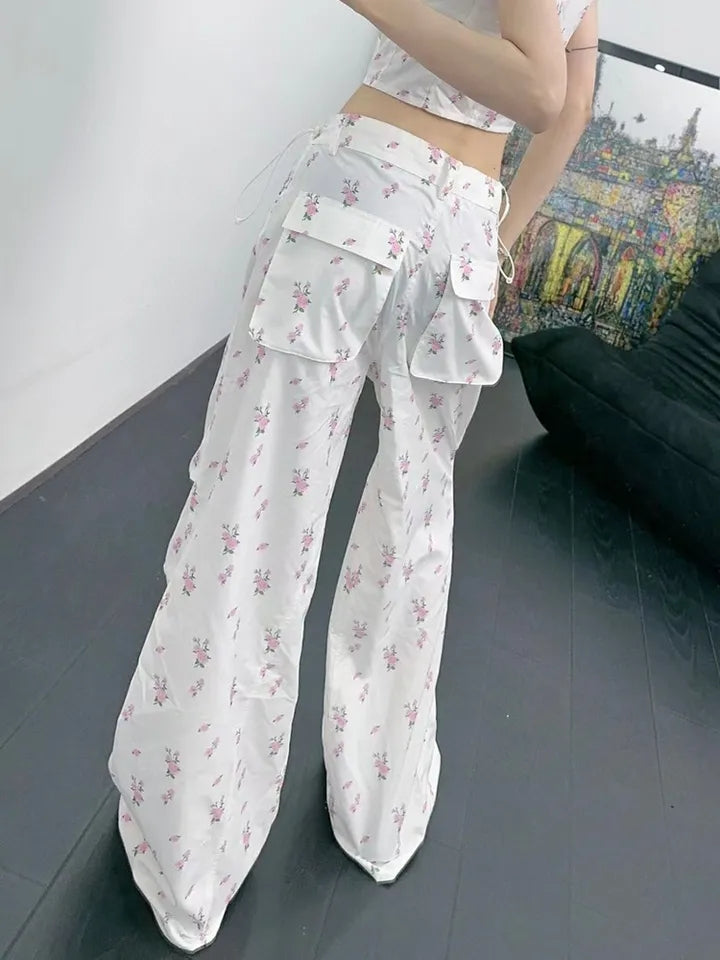 Floral Print Drawstring High Waist Pants