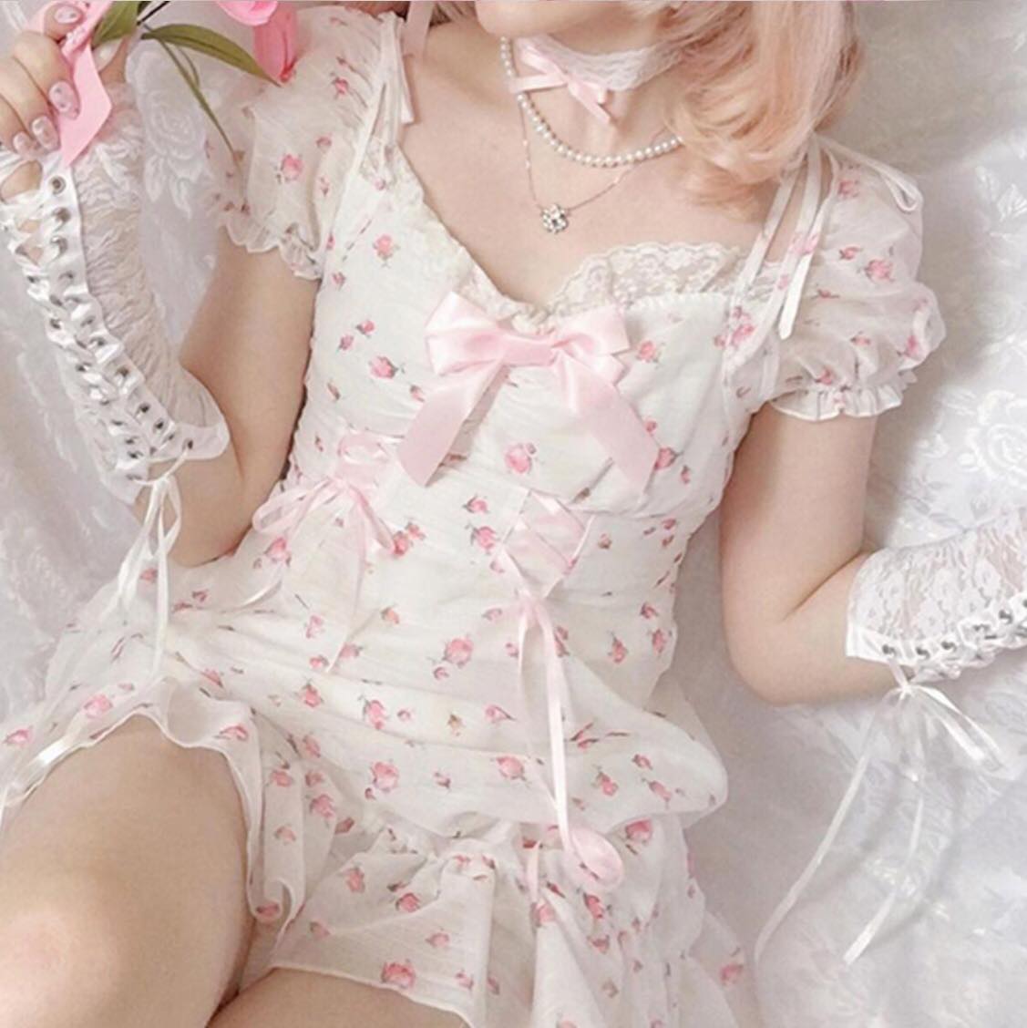 White Floral Puff Short Sleeve Lace Patchwork Mini Dress Summer Aesthetic Casual E-Girl Kawaii Korean Japanese Harajuku