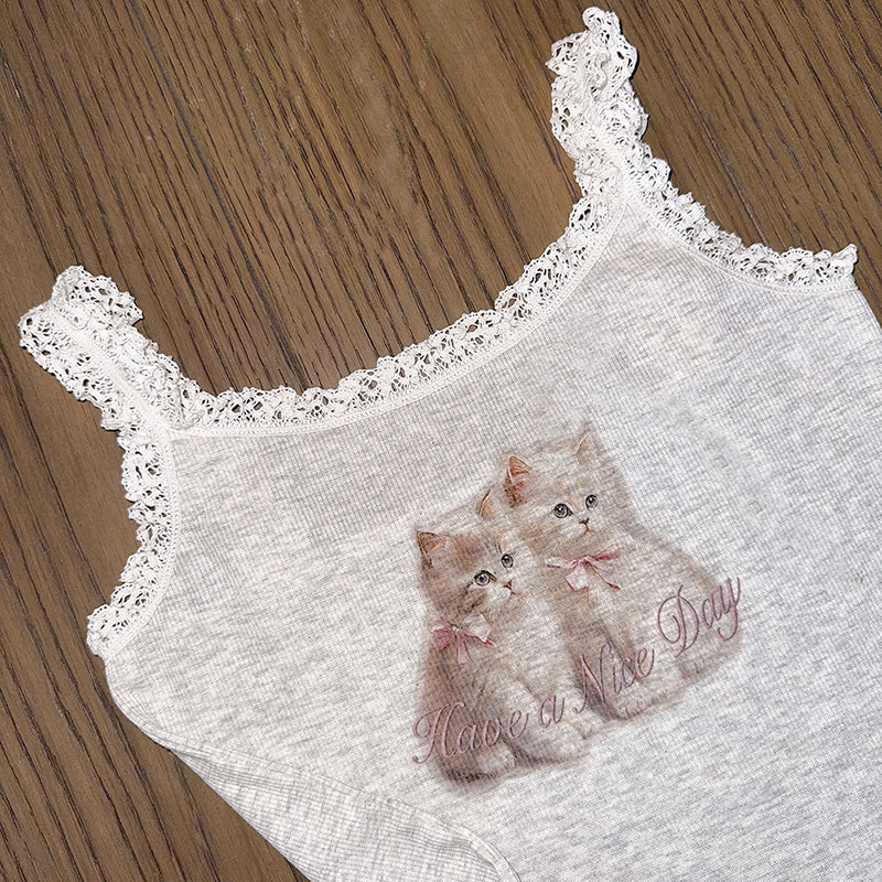 Cat Lace Trim Crop Top