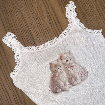Cat Lace Trim Crop Top
