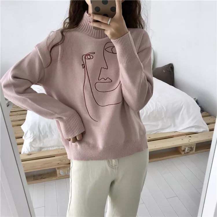 Cute Geometric Face Knit Turtleneck Oversized Sweater Long Sleeve Shirt Pullover Sweatshirt E-Girl Kawaii Korean Japanese Harajuku Retro Streetwear