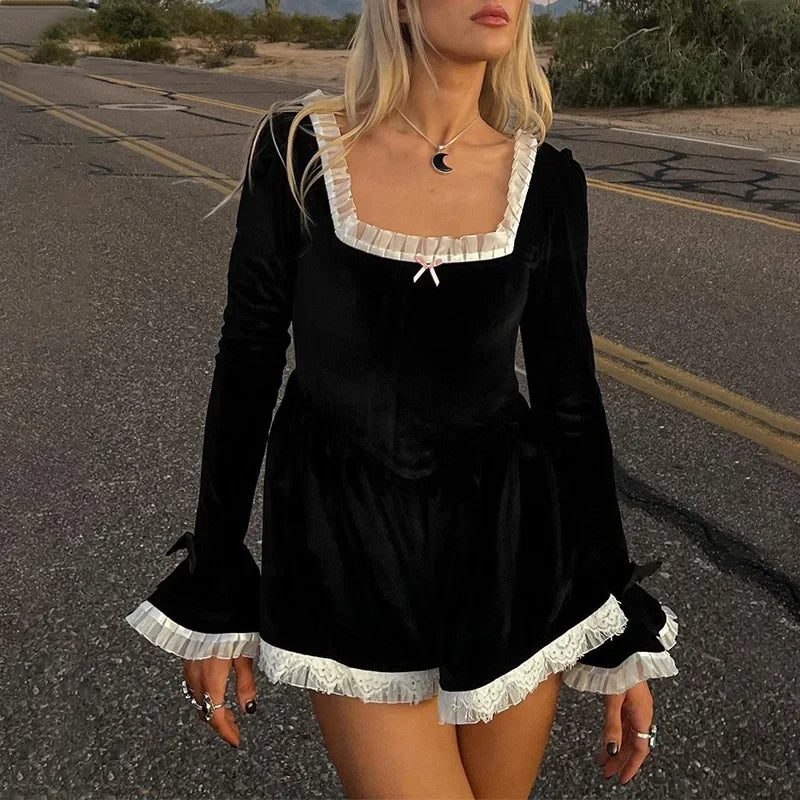 Splice Lace Ruffle Dress
