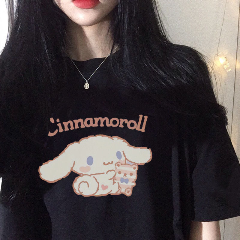 Cute Anime Cartoon Print Loose Oversize Short Sleeve Short T-shirt Top Causal Summer E-Girl Kawaii Korean Japanese Harajuku Streetwear