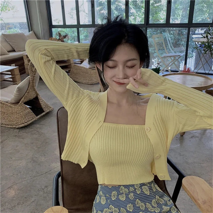 2PCS Tube Top + Ribbed Knit Cardigan