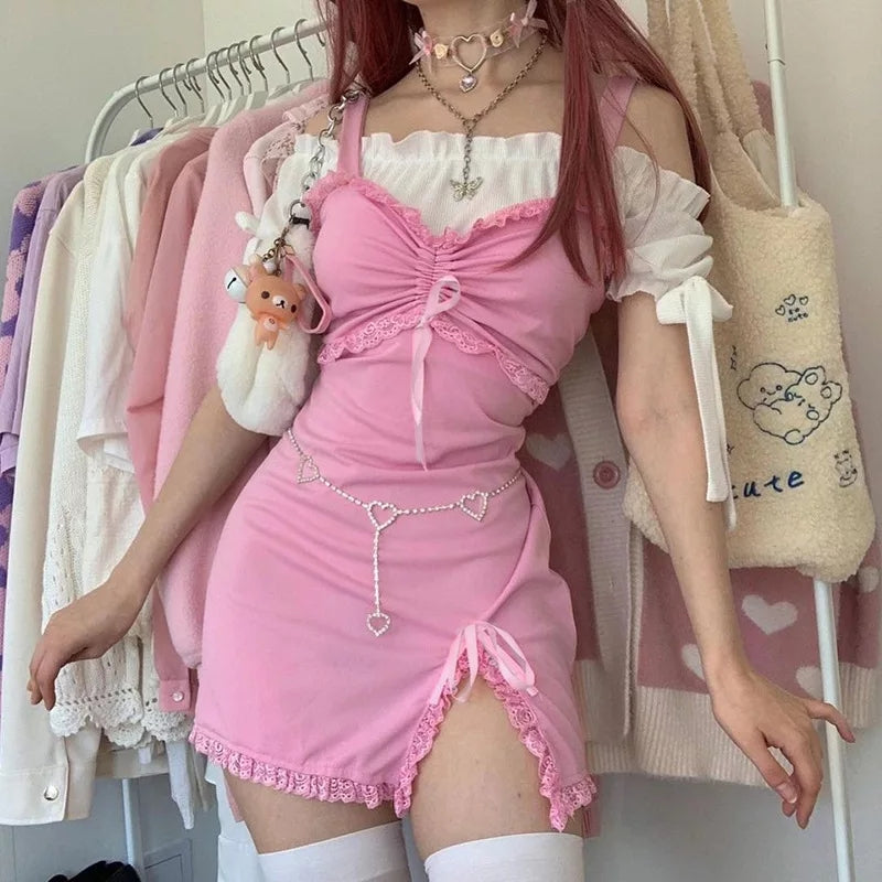 Cute Sweet Sexy Pink Slash Sleeveless Ruffles Sheath Tank Mini Bodycon Dress Aesthetic Casual E-Girl Kawaii Korean Japanese Harajuku