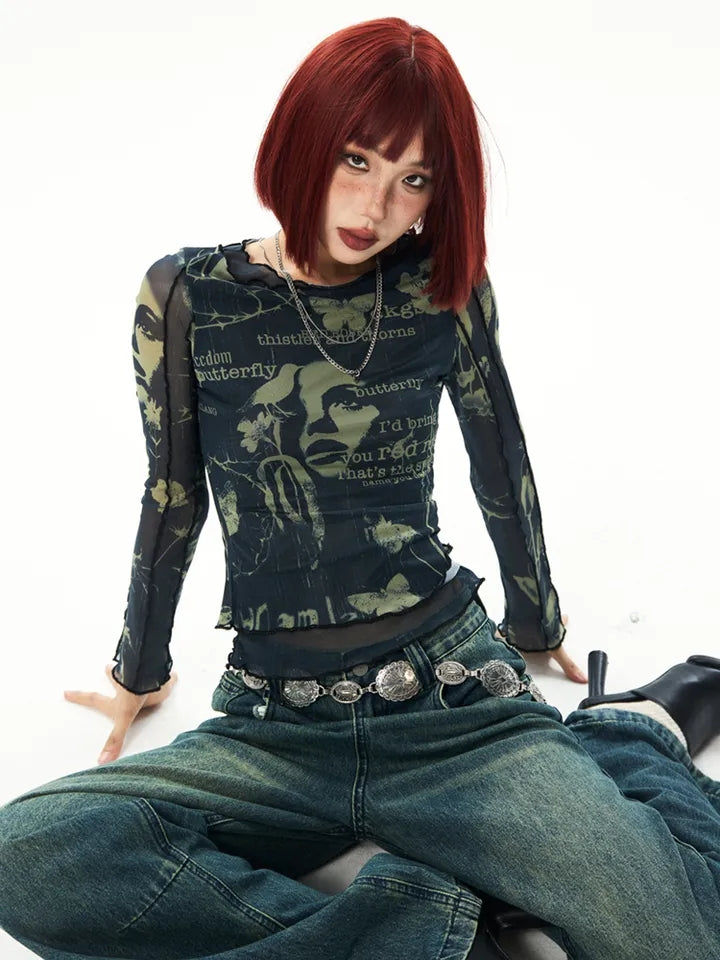 Butterfly Print Mesh Long Sleeve Shirt
