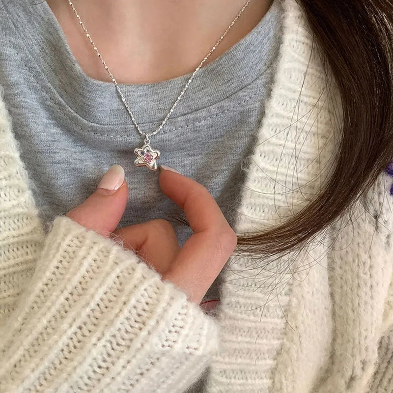Pink Rhinestone Crystal Star Pendant Necklace