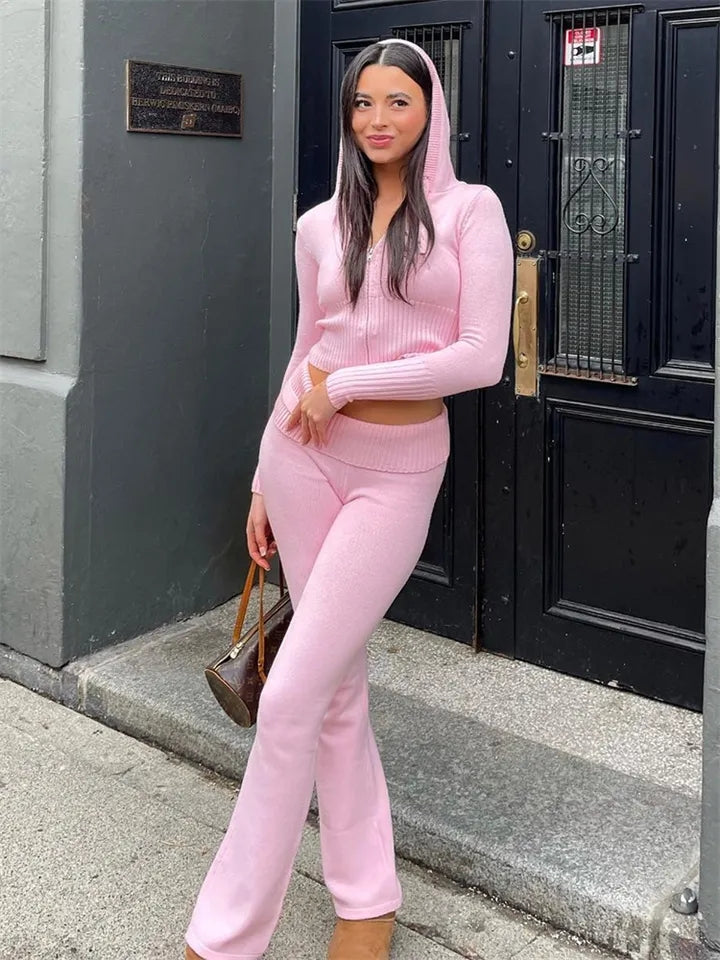 2PCS Pink Zipper Hoodie + Flare Pants Tracksuit Set