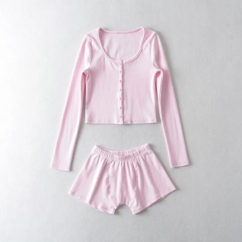 2PCS Pink Ribbed Button Long Sleeve Crop Top + Shorts
