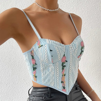 Blue Floral Embroidery Corset Top