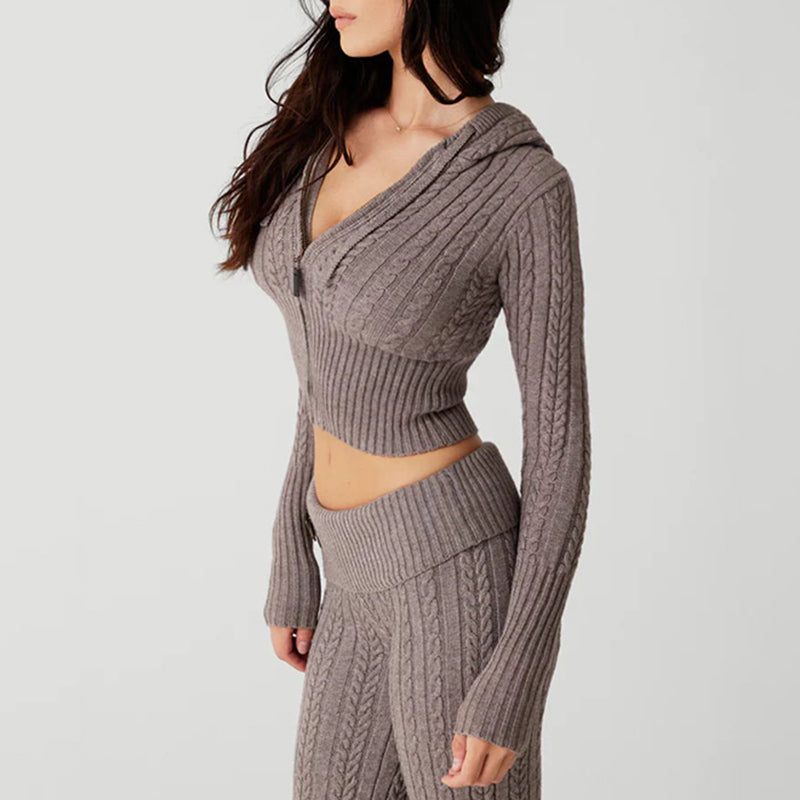 2PCS Twist Knit Hooded Zipper Sweater + Shorts