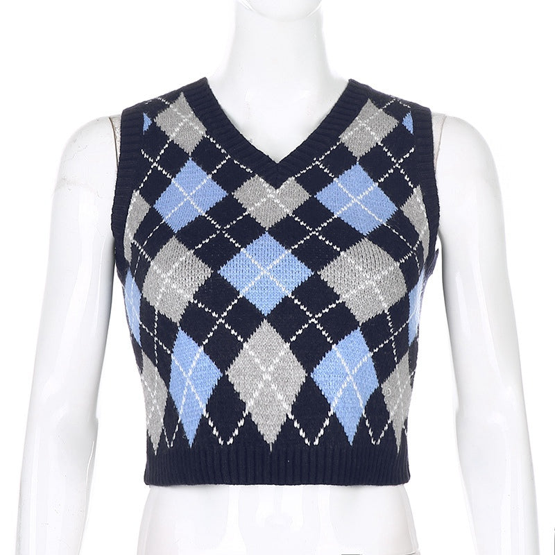 Vintage Plaid V Neck Sleeveless Sweater Vest Knit Crop Top Preppy Causal Pullover E-Girl Kawaii Korean Japanese Harajuku Streetwear