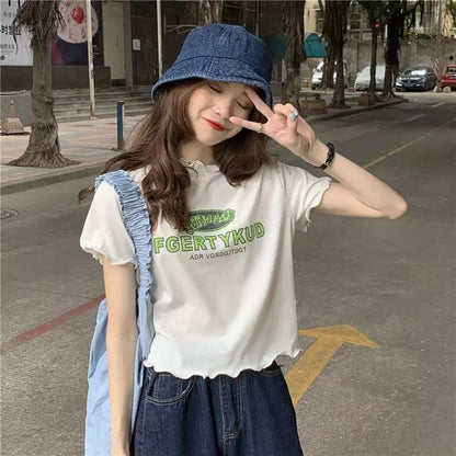 Cute Vintage Ruffle Off White Letter Print Short Sleeve Shirt Aesthetic Casual Summer E-Girl Kawaii Korean Japanese Harajuku