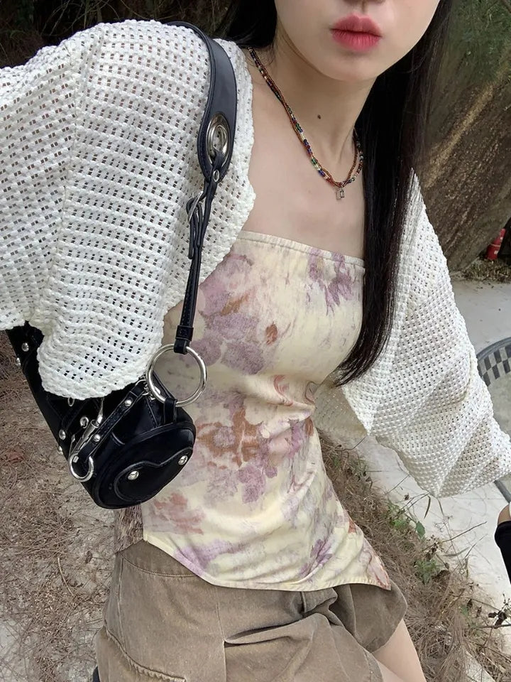 White Hollow Out Cropped Cardigan
