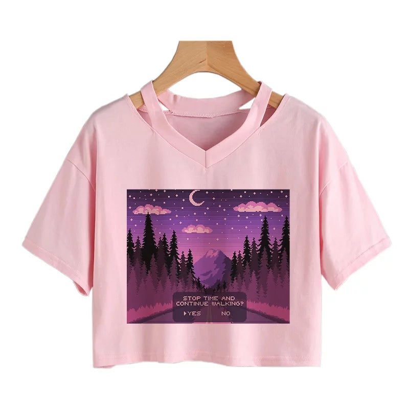 Cute Vintage Mountain Road Moon Night Sky Print Crop Top Short Sleeve Shirt Aesthetic Casual E-Girl Kawaii Korean Japanese Harajuku