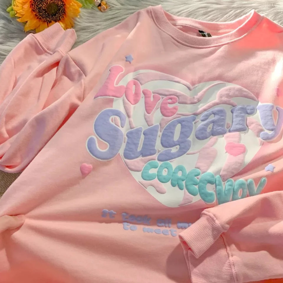 Sweet Pastel Print Oversized Crewneck Sweatshirt Long Sleeve Shirt Aesthetic Casual Summer E-Girl Kawaii Korean Japanese Harajuku