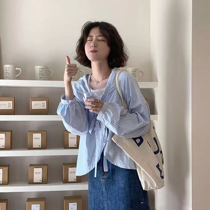 Blue Striped Bandage Long Sleeve Blouse