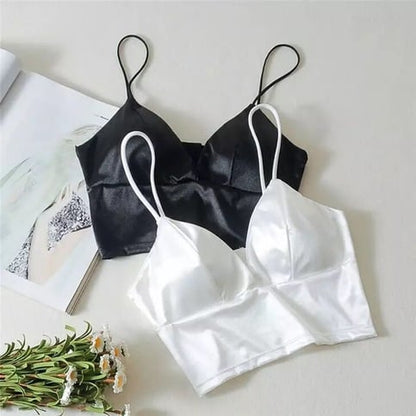 Cute Black White Shiny Silk Crop Top Sleeveless Shirt Tank Spaghetti Strap Blouse Summer Club Party E-Girl Kawaii Korean Japanese Harajuku Streetwear