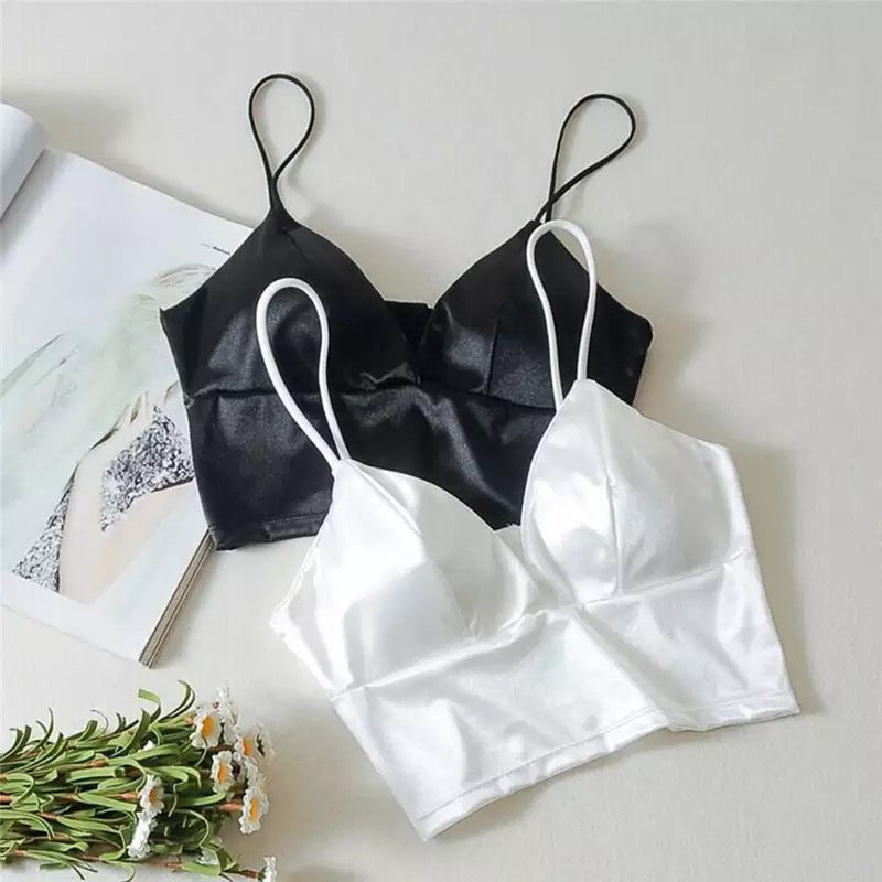 Cute Black White Shiny Silk Crop Top Sleeveless Shirt Tank Spaghetti Strap Blouse Summer Club Party E-Girl Kawaii Korean Japanese Harajuku Streetwear
