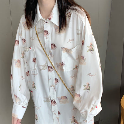 Vintage Angel Love Print Elegant Long Sleeve Shirt Blouse Top Lantern Sleeve Punk Grunge E-Girl Kawaii Korean Japanese Harajuku Streetwear