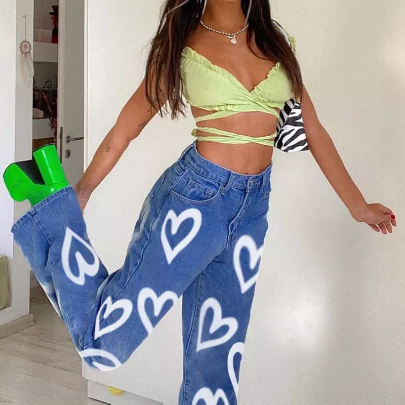 Cute 90s Vintage Heart Print Baggy Mom Jeans Denim High Waisted Trousers Pant Aesthetic Summer Party E-Girl Kawaii Korean Japanese Harajuku Streetwear