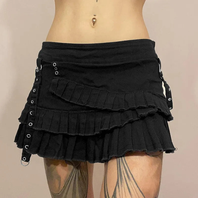 Black Denim Pleated Low Waist Irregular Mini Skirt