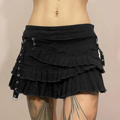 Black Denim Pleated Low Waist Irregular Mini Skirt